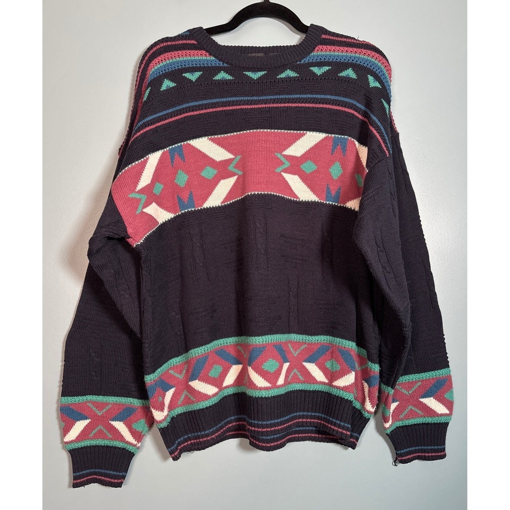 Vintage Jed Wear Men's Geometric Pattern Sweater XL Blue Pink Teal